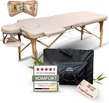 Масажний стіл Zen Basic III: складаний, мобільний, з дерева, регульована висота, для тату та косметології, з підголовником та підлокітниками (кремовий)