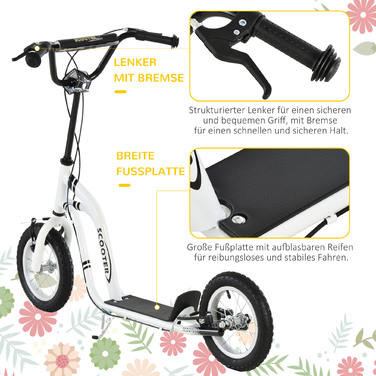 Дитячий самокат HOMCOM Самокат від 5 років, дитячий самокат Kick Scooter City Scooter з пневматичною шиною 12 дюймів, гума алюміній, білий| Аосом