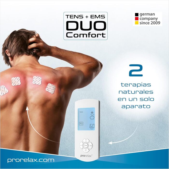 Prorelax TENS/EMS Duo Comfort: електростимулятор для зняття болю та м'язового масажу | 2 терапії в одному пристрої | Великий дисплей