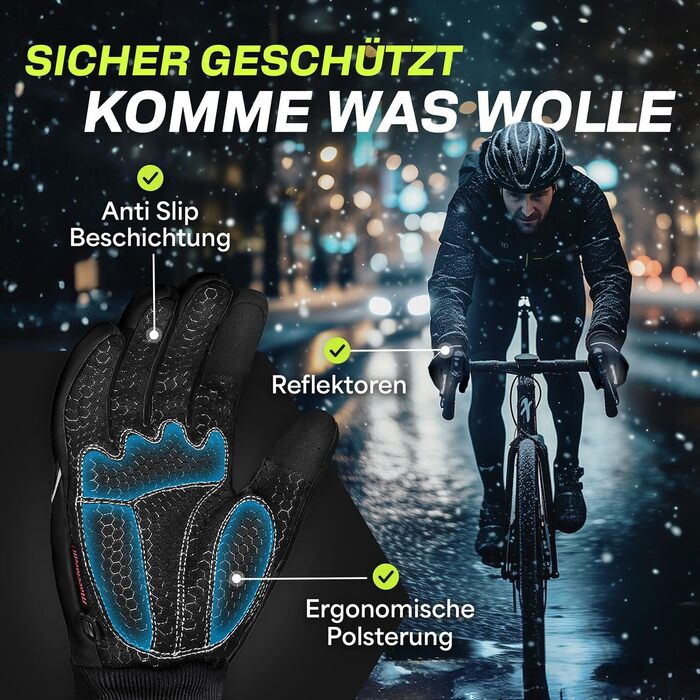 Велосипедні рукавички MACCIAVELLI® для чоловіків та жінок - зимові теплі термо рукавички з підтримкою сенсорного екрану для шосе, MTB та гірського велосипеда. Вітро- та водонепроникні, чорного кольору, розмір L