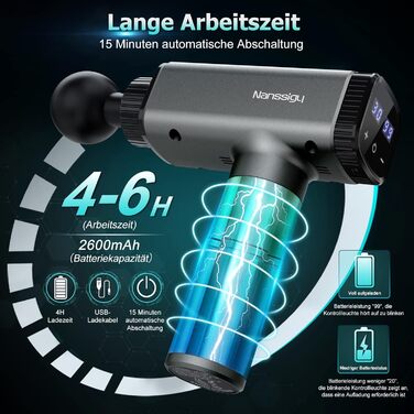 Масажний пістолет Nanssigy, 30 режимів, 6 насадок, LED-дисплей, акумулятор 2600 мА·год, для зняття м'язового болю та скутості