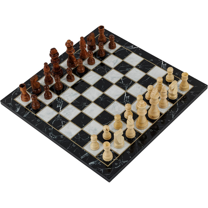 Класична шахова дошка з дерева HBS GAMES, 37 см, чорний мармур, ручна робота, набір шахи та шашки, сімейна настільна гра