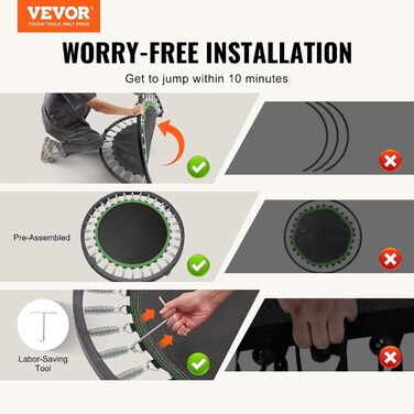 Міні-батут VEVOR для фітнесу та рекреації, діаметр 1027 мм, вантажопідйомність 150 кг, з регульованою ручкою та 32 пружинами