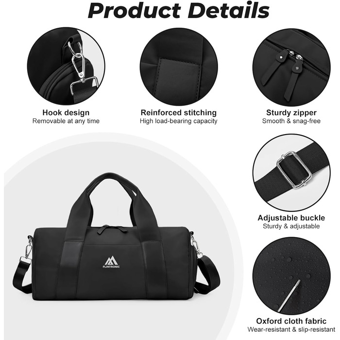 Спортивна сумка Flintronic для дівчат та жінок, маленька сумка для плавання та фітнесу з відділенням для взуття та вологостійкою кишенею (Чорна, 44 x 20 x 20 см)