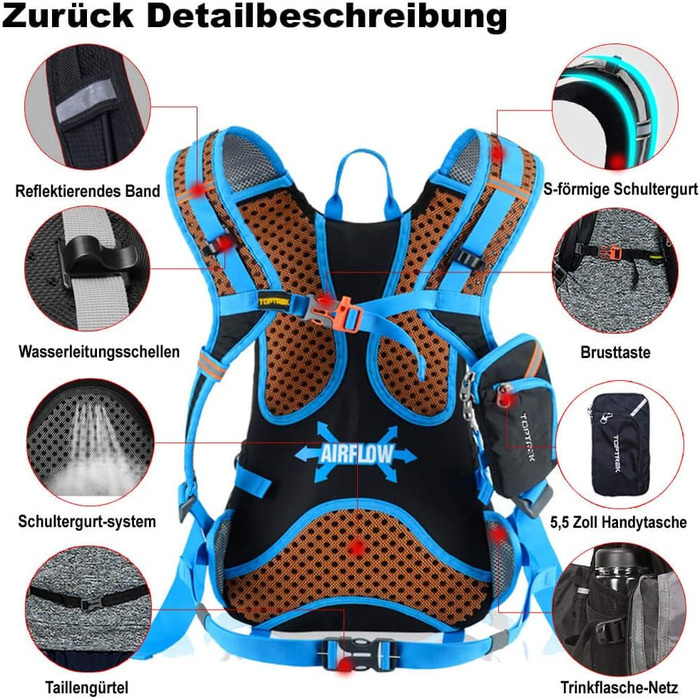 Велосипедний рюкзак Toptrek 18L, ультралегкий, водонепроникний, з чохлом від дощу та кріпленням для шолома, гідраційний, для чоловіків, синій, для MTB та спорту