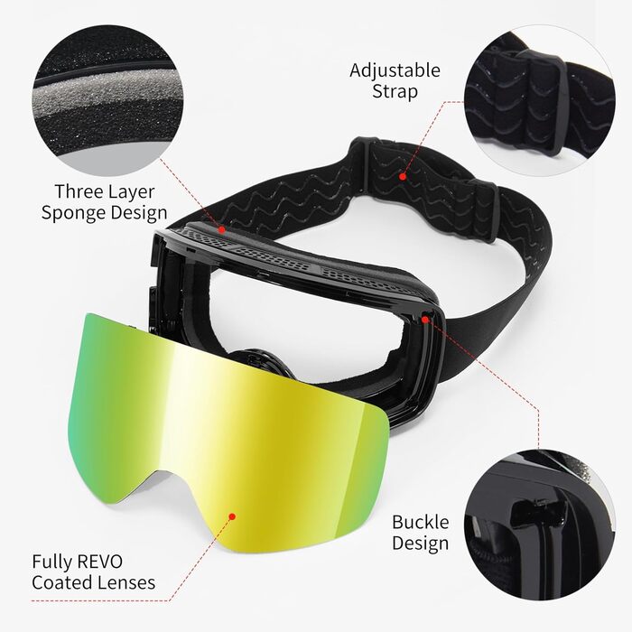 Скі-маска для дорослих, чоловіча/жіноча, YH227 сноуборд маска для носіїв окулярів, Anti Fog OTG, захист від УФ, анти-ковзаюче наголов'я, повне REVO-дизайн, білий/срібний, VLT 13% (чорний/Revo Gold, VLT 16%)