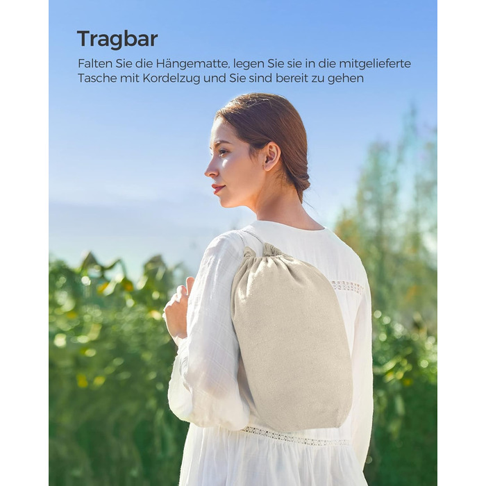 Гаммак SONGMICS 210x150 см, подвійний, 300 кг, для тераси, балкону, саду, кемпінгу, з сумкою, ременями та карабінами (Бежевий)