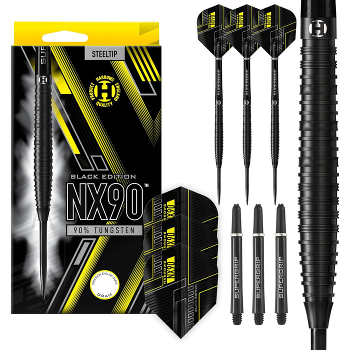 Дартс-набір Harrows NX90 Black Edition з 90% вольфраму, сталевий наконечник, 21-26 г, чорні Supergrip Midi шафти та Micron-NX90 оперення