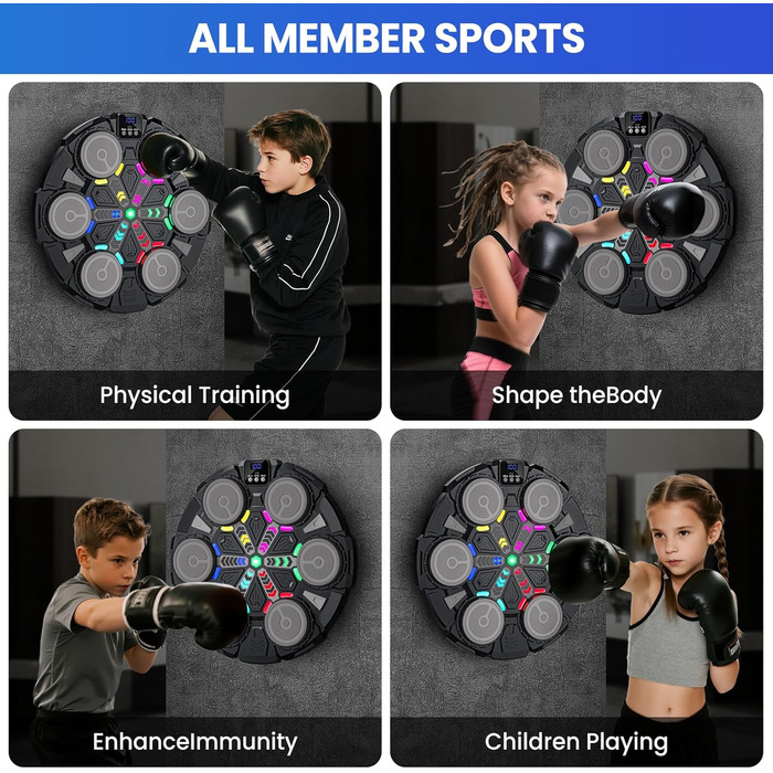 Музична боксерська машина IERAKOR для дітей з LED-підсвіткою, Bluetooth, 5 швидкостей, чорна