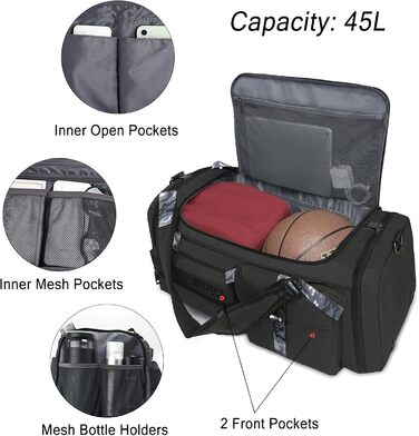 Спортивна сумка-рюкзак 3-в-1 для чоловіків з відділенням для взуття та вологих речей, чорна (22.4 x 10.6 x 11 дюймів)