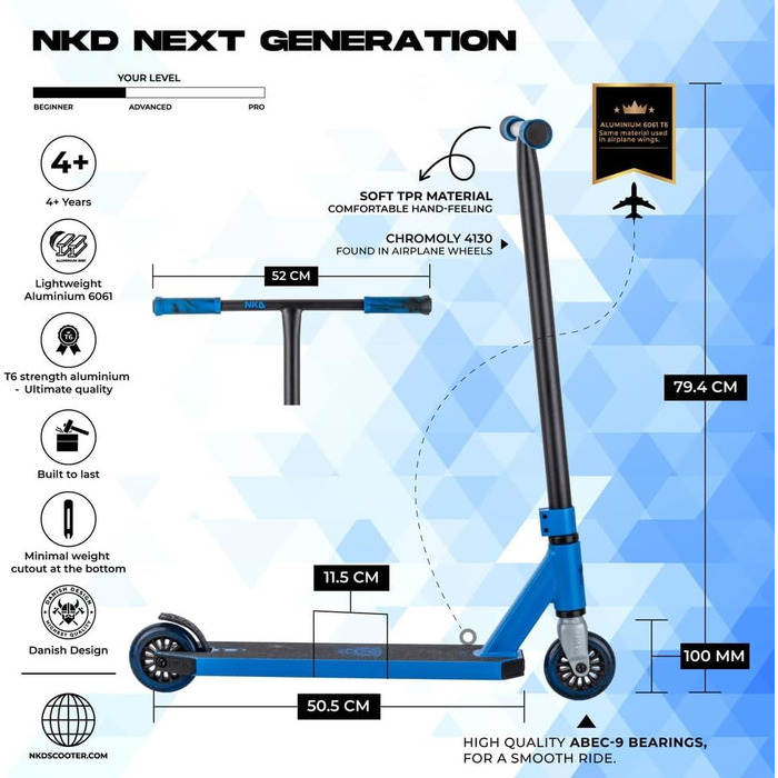 Трюковий самокат NKD Stunt Scooter New Generation (Синій) – Алюміній 6061, ABEC-9, обертовий кермо 360° для фрістайлу