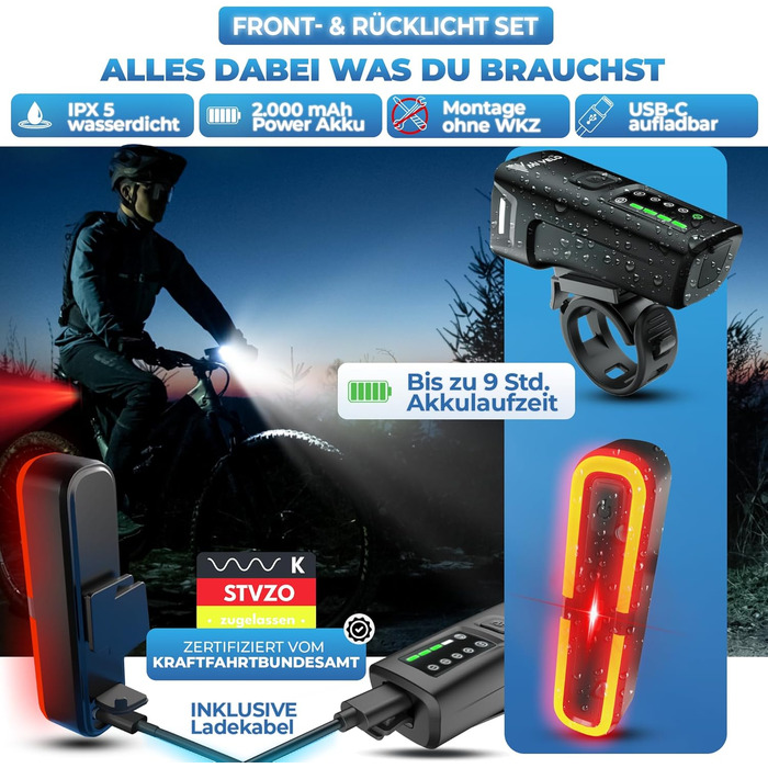 Набір велосипедних ліхтарів MIVELO з акумулятором, сертифікований StVZO, USB-зарядка, водонепроникність, передній та задній ліхтар, клас енергоефективності A+++ SMART Ultimate з гальмівним ліхтарем