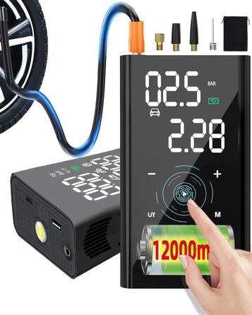 Електричний міні-компресор yanace 12000mAh, 150 PSI, портативний акумуляторний насос для авто, велосипедів і мотоциклів з манометром, ліхтариком та USB-C