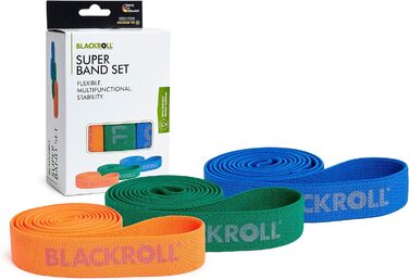 BLACKROLL SUPER BAND 104 см – еспандер для фітнесу та реабілітації, тканинна стрічка для зміцнення м'язів, набір 3 шт (помаранчева, зелена, синя), різні рівні опору, німецька якість, прана, гіпоалергенна