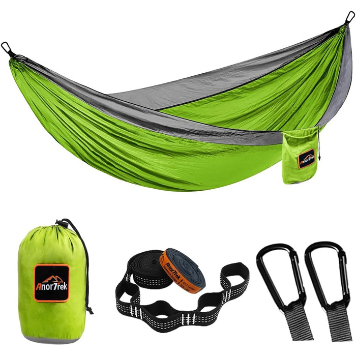 Гамак Anortrek Outdoor для 2 осіб, 300x200 см, до 249 кг, Ultraleicht, з ременями для дерев, дихаючий нейлон, для кемпінгу, подорожей, пікніків, садівництва, зелено-сірий
