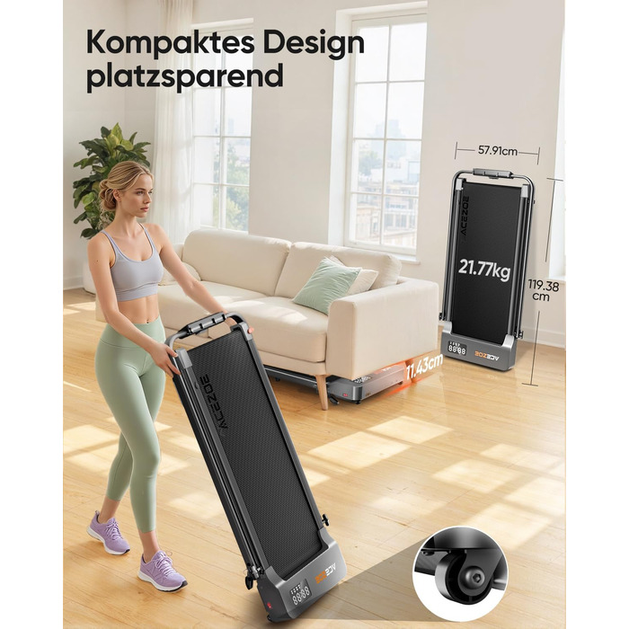 Біговий тренажер 6 в 1 для дому, складний, з регулюванням нахилу 10% та ручками. Макс. вантажність 135 кг, LED-дисплей, пульт дистанційного керування та додаток. Чорний та сірий.