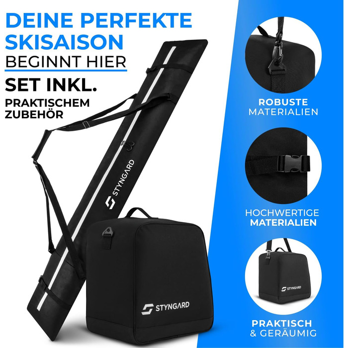 Набір STYNGARD для гірськолижного спорядження: сумка для лиж [180 см] та чохол для лижних черевиків [38 л] - міцний матеріал, якісна фурнітура, модель Courchevel (чорний-білий)