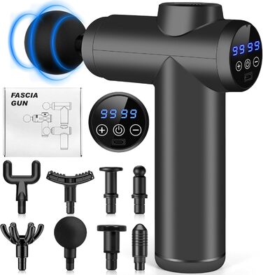 AQXONG Міні масажер для м'язів, портативний електричний масажер з LCD дисплеєм, 99 швидкостей, 8 насадок, тиха робота 35dB, акумуляторний