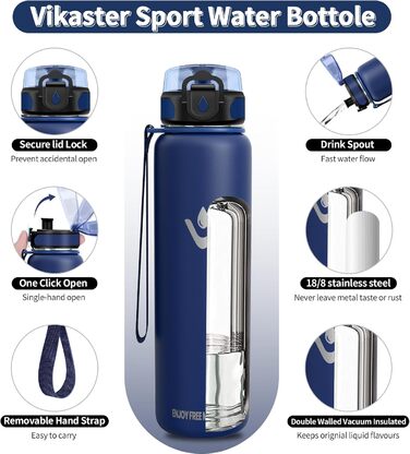 Термос-пляшка Vikaster 500 мл, нержавіюча сталь 18/8, без BPA, не протікає, для спорту, велосипеда, подорожей, фітнесу (чорний & бордовий)