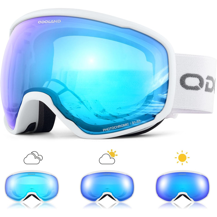 Скі-маска Odoland Photochromic: захист від сонця та запотівання, для сноуборду та лиж, UV-захист, чоловіча/жіноча, самозатемнювальна (блакитна)