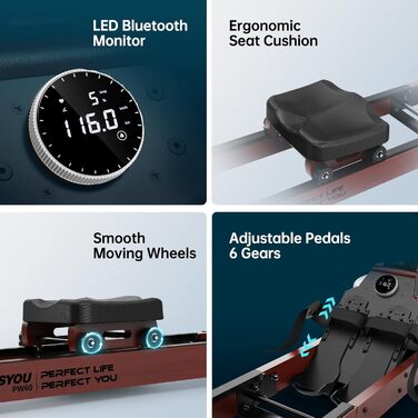 PASYOU Гребний тренажер для дому з дуба, складаний водяний рушникоріз з Bluetooth дисплеєм та 30-денною безкоштовною підпискою на Kinomap, рушникоріз з регульованим тримачем для планшету, вантажопідйомність 150 кг, PW60, коричневий