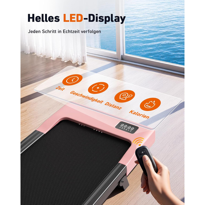 Бігова доріжка DeerRun Walking Pad з нахилом 6% для дому та офісу, компактний тренажер під стіл з LED-дисплеєм, керуванням через додаток та пультом, макс. навантаження 136 кг (Персиковий рожевий)