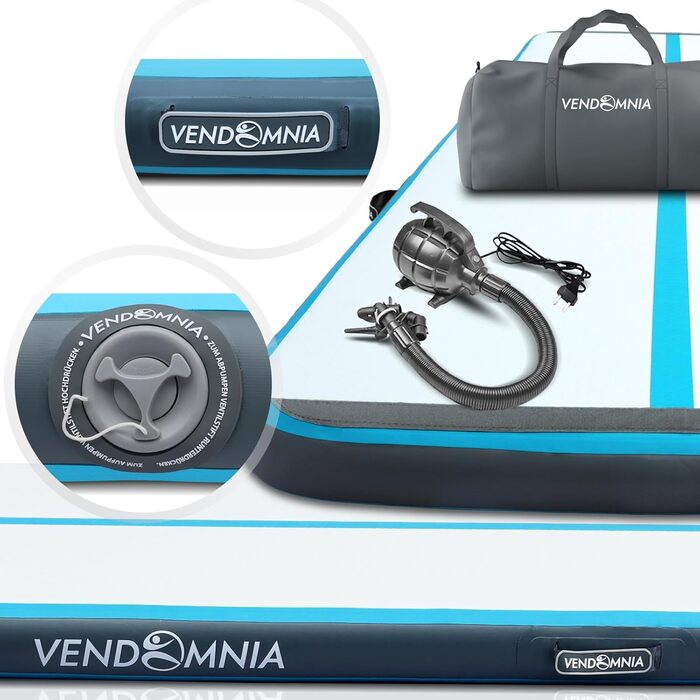 Надувний гімнастичний мат VENDOMNIA Airtrack 200×100×10 см, синій, з електричною помпою та сумкою, спортивний мат для тренувань, тумблінгу, йоги, фітнесу