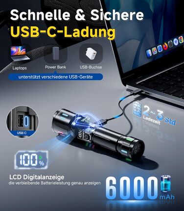 LED ліхтар Esgofo перезарядна, 1000000 люменів, дальність 1000 м, регульований фокус, 15 годин роботи, USB-C, для кемпінгу та безпеки