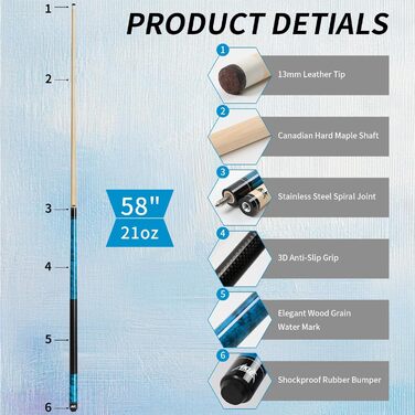 AKLOT Більярдний кий 58' (18oz-21oz) - канадський клен, шкіряна насадка 13mm, 3D ручка, прецизійне з'єднання, для гравців (блакитний, 600g)