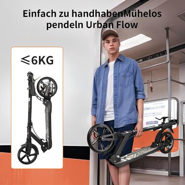 Роликовий самокат Uluck Roller Erwachsene для дорослих та підлітків, 200 мм, дискові гальма, складаний, з ременем та подвійною амортизацією (Чорний)