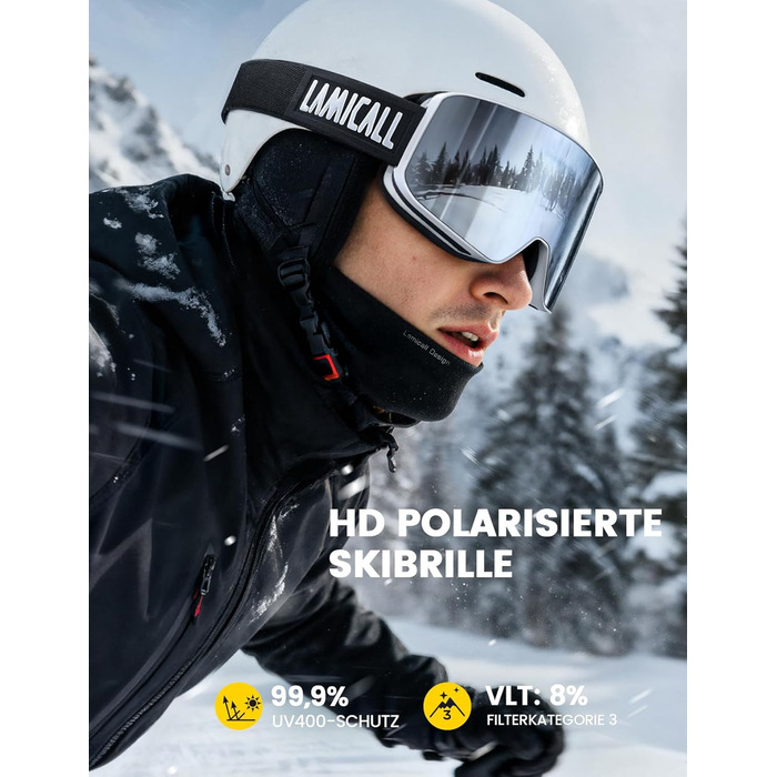 Ламікалл Скі-маска для жінок та чоловіків, сноуборд маска OTG - антизапітніння, дзеркальна, для носіння з окулярами, захист від ультрафіолету UV400, захист від відблисків, білий/срібний каркас (VLT: 8%)