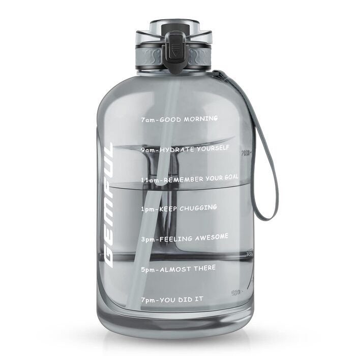 Пляшка спортивна GEMFUL 3л з мітками часу, соломинкою та ручкою, сіра. BPA-free, герметична, для фітнесу, тренувань та активного зволоження