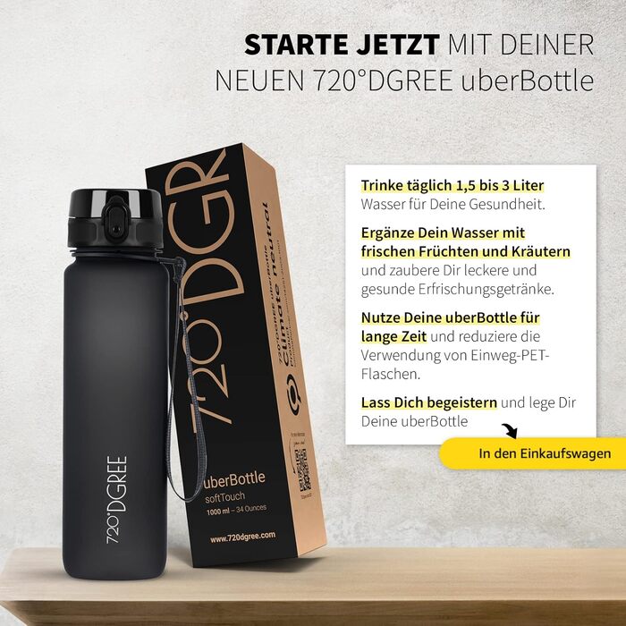 Пляшка для води 720°DGREE 'uberBottle' з ситечком, Tritan, 1000 мл, чорна - для спорту, школи, фітнесу, дітей