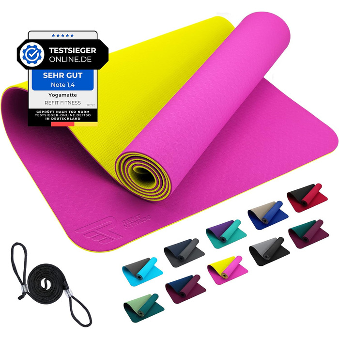 Килимок для йоги REFIT FITNESS Perfect-Fit 190 x 60 x 0,6 см з нековзким покриттям GeckoGrip & Sensi-Plus TPE + ремінь для перенесення. Безпечний, екологічний, для фітнесу та гімнастики. Доступні кольори: рожевий, жовтий