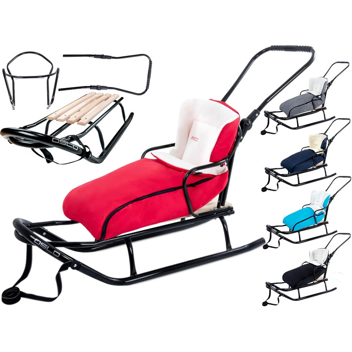 Металевий санний Oslo з ручкою, спинкою, ременями безпеки та мішком для ніг. Ідеальний дитячий санки для дітей та дорослих. Максимальне навантаження: 120 кг (O5 - Червоний)