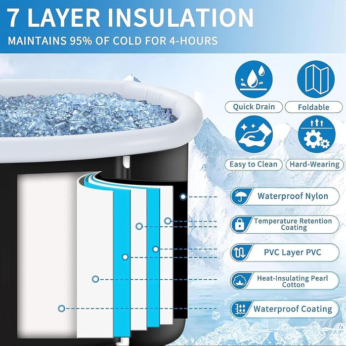 Еліптична ванна для льодяного душу з кришкою, складана ванна KISKVV для дорослих, ізольована ємність для льодяної терапії (115x55x57 см)