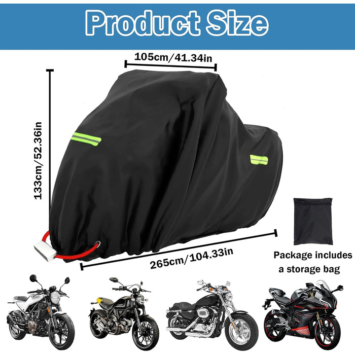 Водонепроникний чохол для мотоцикла та скутера XXXL, захисна накривна тканина 420D Oxford для вулиці, 265x105x133 см