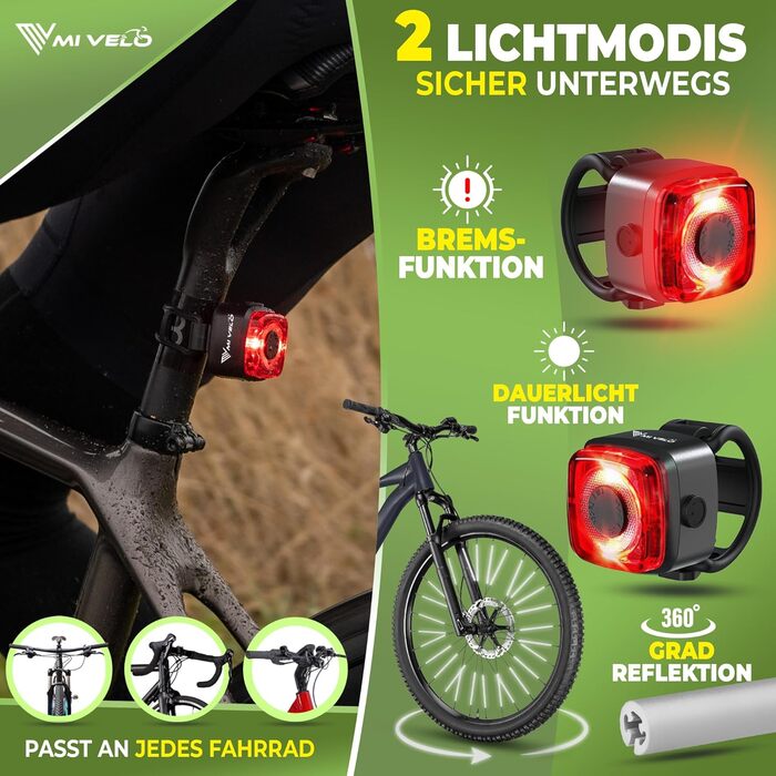 Набір переднього та заднього велоліхтаря MIVELO StVZO, USB-зарядка, 100% водонепроникність, LED, з відбивачами спиць