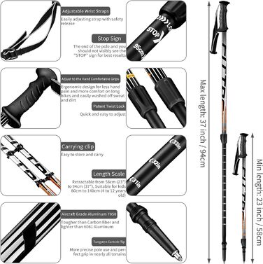 Дитячі телескопічні палиці для скандинавської ходьби та трекінгу FitTrek, регульовані, легкі (чорні) з гумовими наконечниками та сумкою