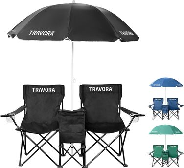 Кемпінговий стілець TRAVORA 2 шт. з сонцезахистом та кишенею для охолодження - складний двомісний стілець для відпочинку та риболовлі, чорний