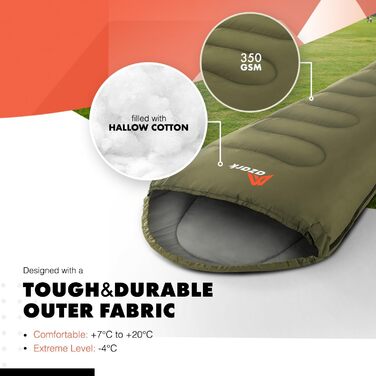Спальний мішок Azark Premium, 350 г/м², легкий та водонепроникний, для 4 сезонів, кемпінг, туризм, відпочинок на природі, для дорослих та дітей (зелений)