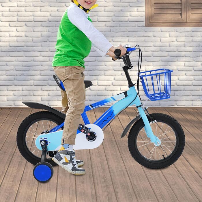 Дитяче велосипед 14 дюймів для дівчаток 3-7 років з додатковими колесами та кошиком, дзвіночком, регулюванням висоти, блакитний