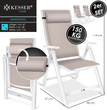 Крісло садове KESSER® з високою спинкою, з підлокітниками, алюмінієве, складне, з подушкою та чохлом, для кемпінгу, регульована спинка, дихаючий матеріал, вологостійке, 1 шт. (2 шт, Бежевий)