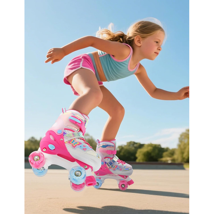 Роликові ковзани SULIFEEL для дівчаток та дітей з підсвічуванням, регульовані, 4 розміри, для малюків та початківців (Червоний, M (32-36))