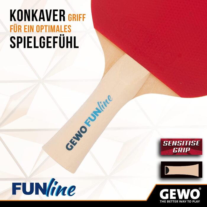 Набір для настільного тенісу GEWO Fun – одиночні або комплекти (1-4 ракетки, м'ячі, сумка, сітка) – для початківців, хобі та відпочинку. Поверхня: Noppen-Innen, конкавний грип. Комплектація: 4 ракетки + 10 м'ячів + сумка (конкавна)
