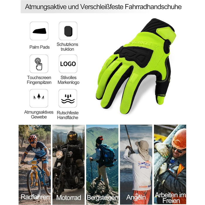 Рукавички INBIKE MTB для катання на велосипеді: захист пальців TPR, SCR-підкладка, зелені, розмір M