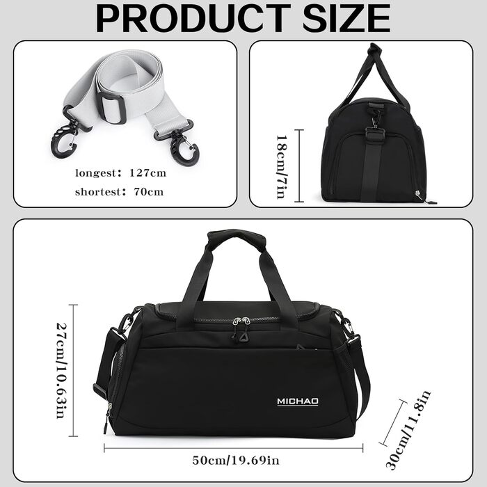 Спортивна сумка для подорожей та спорту, велика (48x23x27 см), з відділенням для взуття та мокрих речей, водонепроникна, для жінок та чоловіків, (ретро-чорний)