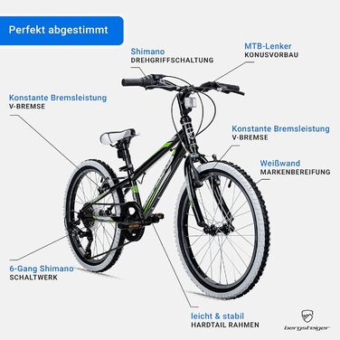 Дитячий велосипед Bergsteiger Kansas 20 дюймів, рожевий, для дівчаток 6-9 років, Shimano 6 швидкостей, гірський, з білими шинами