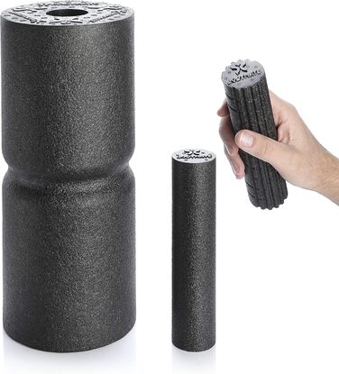 Набір для масажу BODYMATE CARE CORE: ролик для фасцій 35x14 см середньої жорсткості з канавкою, дві малі ролики 20x4,5 см (гладка та з виступами), чорний + електронна книга
