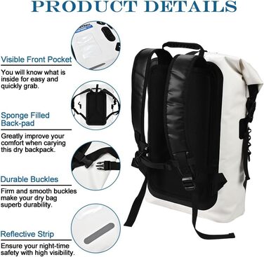 Водонепроникний рюкзак Blueshyhall - містка сумка, спортивна торба, Dry Bag, ролтоп - для водних видів спорту, кемпінгу (білий, 35 л)